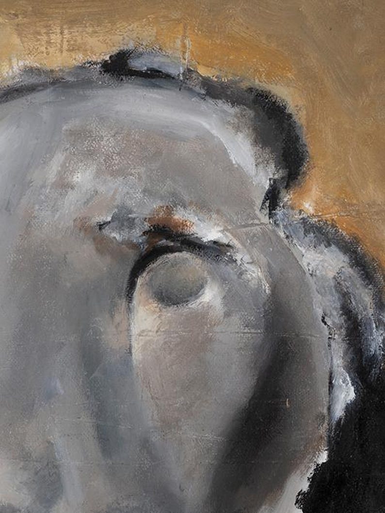 May include: An abstract oil painting featuring a central circular form in shades of gray, white, and black. The composition is set against a textured, warm tan background with visible brushstrokes and thick paint application throughout the canvas.
