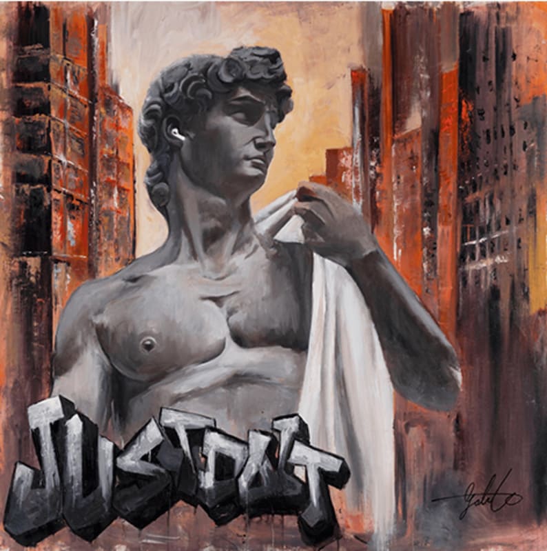 May include: An oil painting depicting a grey statue of David wearing a white earbud, set against an orange and brown urban cityscape. The word JUST DO IT is written in bold, black, three-dimensional graffiti-style lettering at the bottom.