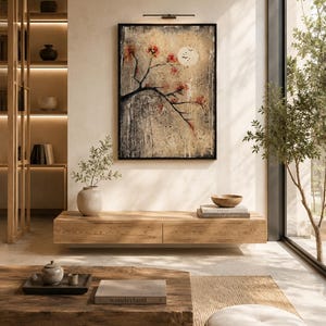 Puede incluir: Una pieza de arte mural rectangular enmarcada que muestra una rama de &aacute;rbol oscura con flores rojas sobre un fondo beige texturado con una luna p&aacute;lida y p&aacute;jaros peque&ntilde;os. La obra se exhibe en un marco negro con una l&aacute;mpara delgada montada encima.