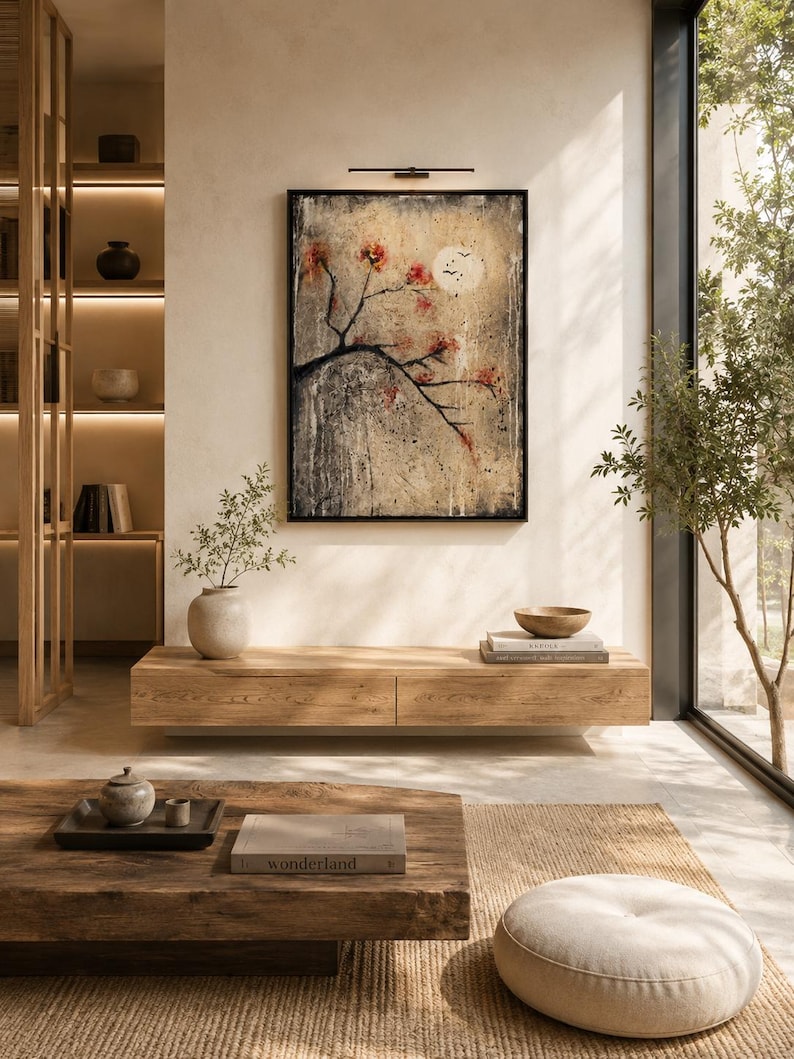 Puede incluir: Una pieza de arte mural rectangular enmarcada que muestra una rama de &aacute;rbol oscura con flores rojas sobre un fondo beige texturado con una luna p&aacute;lida y p&aacute;jaros peque&ntilde;os. La obra se exhibe en un marco negro con una l&aacute;mpara delgada montada encima.
