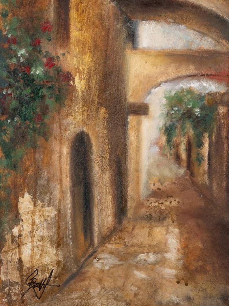 May include: An oil painting depicting a narrow stone alleyway with arched passageways, textured ochre and brown walls, and climbing green vines with small red flowers. The scene features a cobblestone path and a signature in the bottom left corner.
