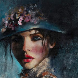May include: An oil painting portrait of a person wearing a dark blue hat adorned with pink and white floral accents. The subject has dark hair, bright red lips, and a light complexion, set against a dark, textured blue and black background.