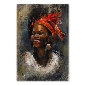 Puede incluir: Una pintura de una mujer de piel oscura que lleva un pa&ntilde;uelo de cabeza naranja brillante y una camisa blanca. Ella sonr&iacute;e y mira hacia un lado. El fondo es un lienzo oscuro y texturizado.