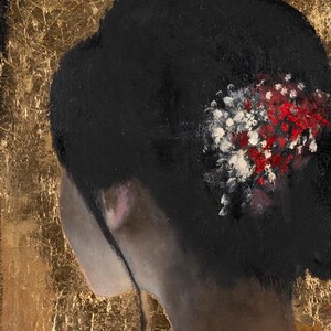 May include: An oil painting depicting the back of a head with dark hair styled in an updo, adorned with small white and red floral accents. The subject is set against a textured, metallic gold leaf background, with a hint of red fabric visible.
