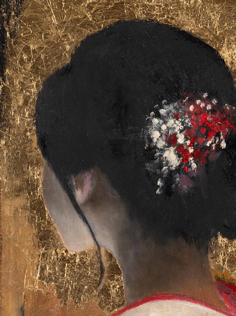 May include: An oil painting depicting the back of a head with dark hair styled in an updo, adorned with small white and red floral accents. The subject is set against a textured, metallic gold leaf background, with a hint of red fabric visible.