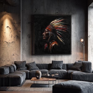 May include: A square wall art piece featuring a profile portrait of a person wearing a large, colorful feathered headdress. The artwork uses thick, textured brushstrokes in shades of red, yellow, and white against a deep, dark black background.