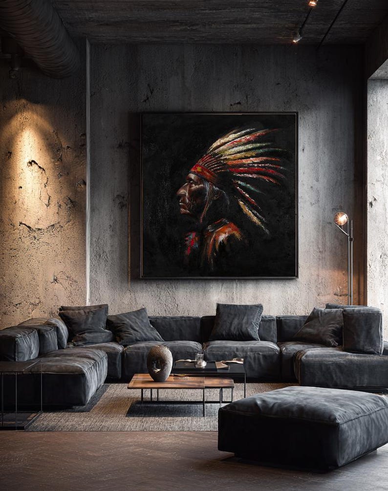 May include: A square wall art piece featuring a profile portrait of a person wearing a large, colorful feathered headdress. The artwork uses thick, textured brushstrokes in shades of red, yellow, and white against a deep, dark black background.