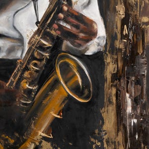 May include: An oil painting depicting a brass saxophone being played. The artwork features a musician wearing a white shirt, with hands positioned on the instrument keys. The composition uses a palette of black, gold, and white with textured brushstrokes.