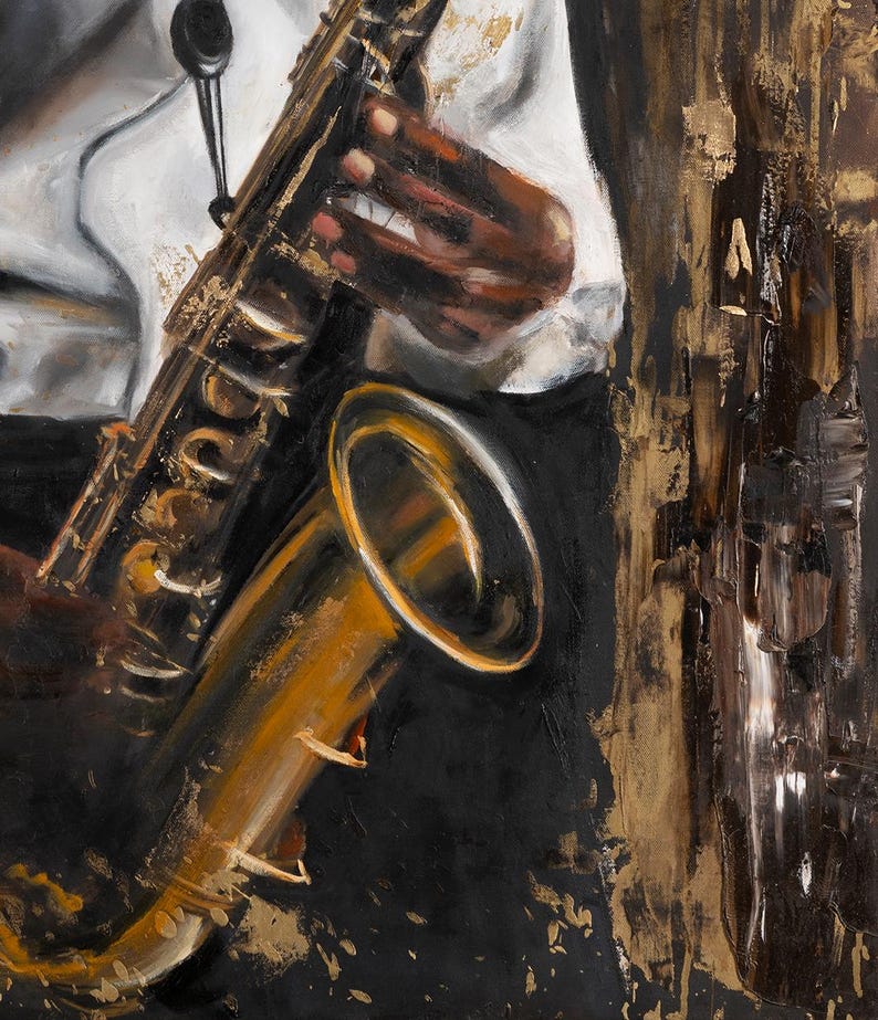 May include: An oil painting depicting a brass saxophone being played. The artwork features a musician wearing a white shirt, with hands positioned on the instrument keys. The composition uses a palette of black, gold, and white with textured brushstrokes.