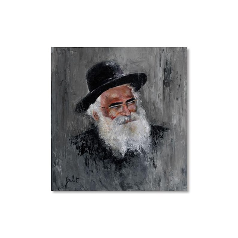 May include: An oil painting portrait of an older man with a long white beard, glasses, and a black hat. The background is a textured gray. The painting is signed in the bottom left corner.