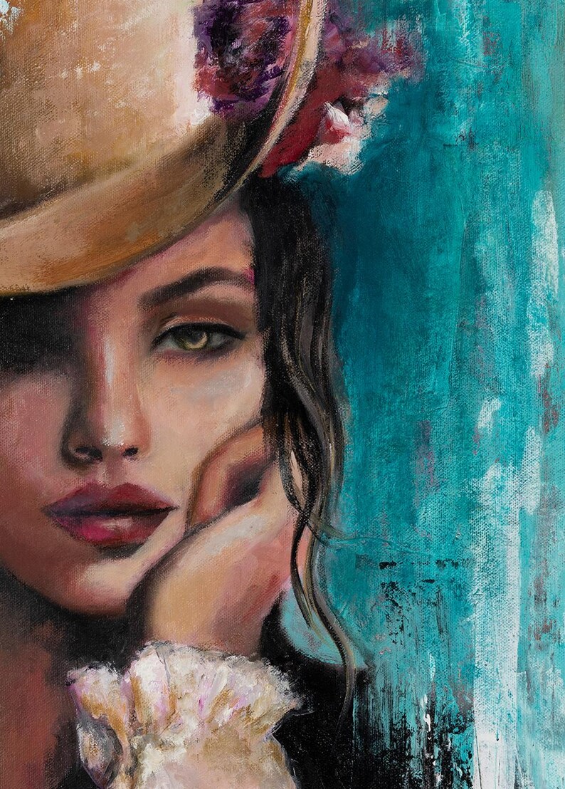 May include: An oil painting on canvas depicting a portrait of a person with dark hair, wearing a tan hat adorned with purple and pink flowers. The subject has a hand resting against their cheek, wearing a white ruffled cuff against a teal background.