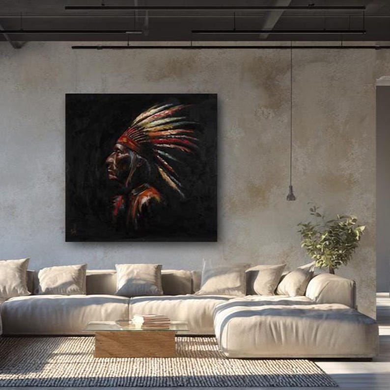 May include: A square oil painting on canvas depicting the profile of a person wearing a large, vibrant feathered headdress. The artwork features a dark, moody background with bold strokes of red, yellow, and orange highlighting the feathers.