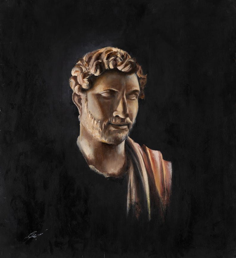 Op de afbeelding: Een olieverfschilderij op een zwarte achtergrond met de buste van een persoon met kort, golvend bruin haar en een lichte baard. De figuur is gedrapeerd in een kledingstuk met verticale strepen in oranje, cr&egrave;me en bruine tinten tegen een donkere achtergrond.