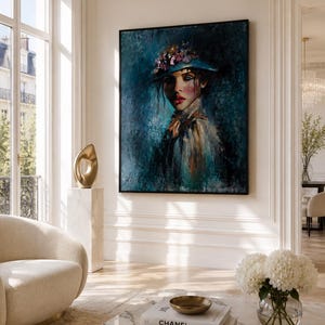 Anna Original Oil Painting, Elegant Woman Portrait with Flower Hat, Moody Figurative Wall Art image 5