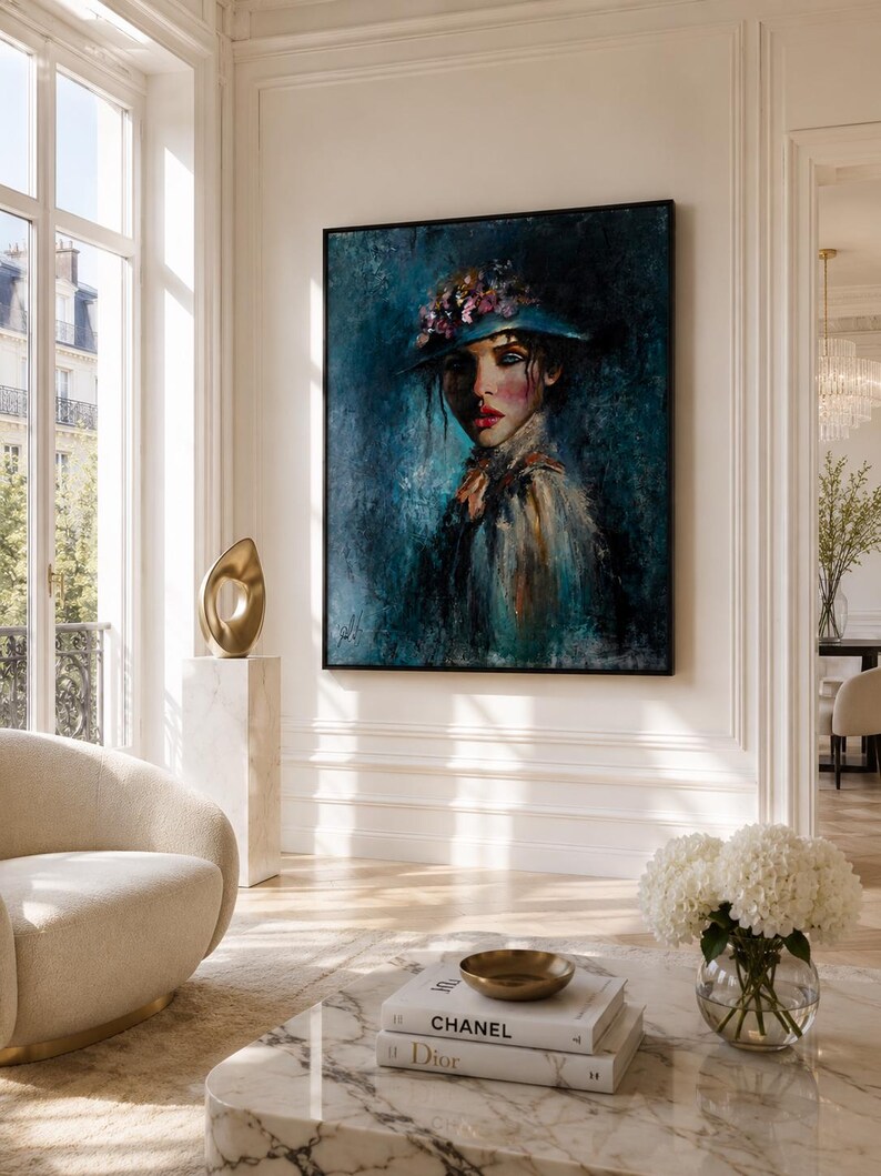 Anna Original Oil Painting, Elegant Woman Portrait with Flower Hat, Moody Figurative Wall Art image 5