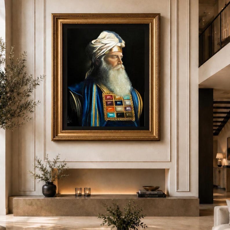 May include: A framed oil painting depicting a bearded man in profile wearing a white turban and a blue robe. A gold breastplate featuring twelve rectangular, multi-colored gemstones is worn over the chest against a dark, solid black background.