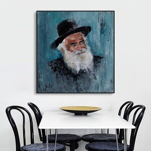 May include: A painting of a man with a long white beard wearing a black hat and glasses. The background is a blue and green abstract design. The painting is signed "Jalt" in the bottom left corner.