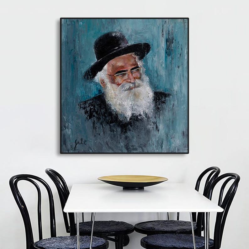 May include: A painting of a man with a long white beard wearing a black hat and glasses. The background is a blue and green abstract design. The painting is signed "Jalt" in the bottom left corner.