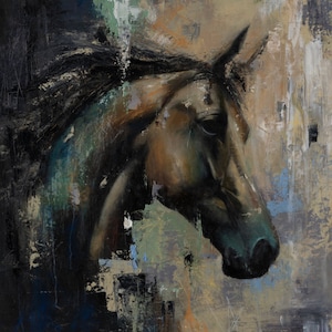 May include: An oil painting on canvas depicting the profile of a horse head in shades of brown, black, and grey. The artwork features thick, textured brushstrokes and abstract splatters of blue, orange, and white paint across the background.