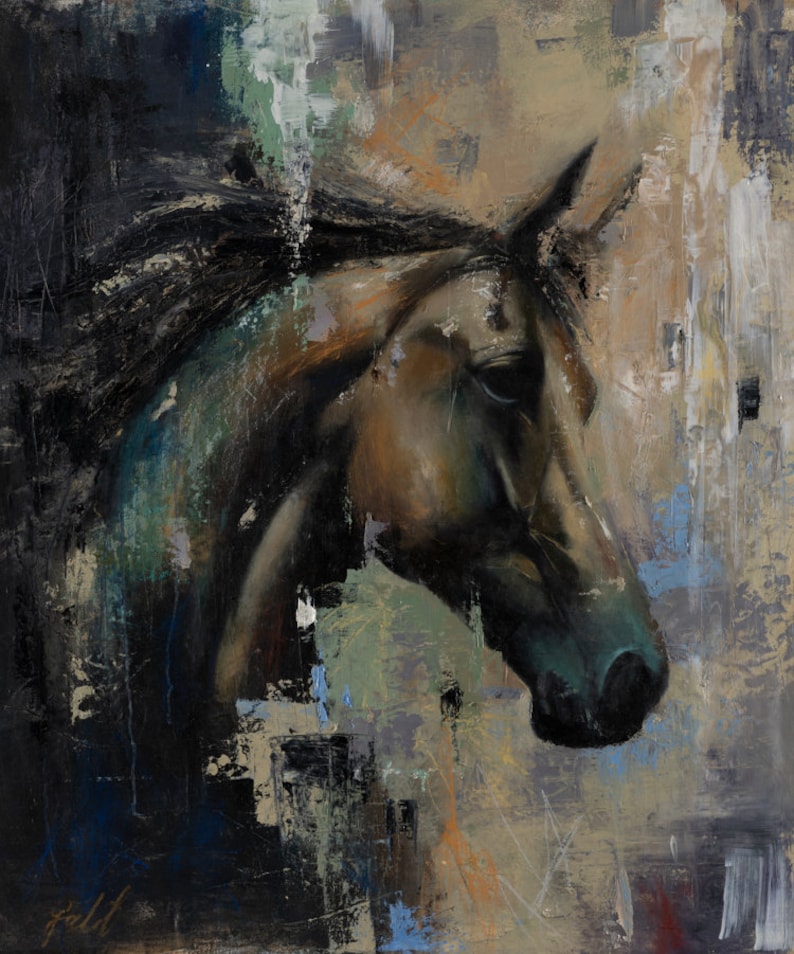 May include: An oil painting on canvas depicting the profile of a horse head in shades of brown, black, and grey. The artwork features thick, textured brushstrokes and abstract splatters of blue, orange, and white paint across the background.