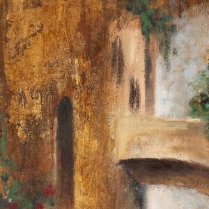 May include: An oil painting on canvas depicting a textured architectural scene with warm golden-brown tones. The composition features a tall arched doorway, stone walls with visible brushstrokes, and clusters of green foliage with red flowers.