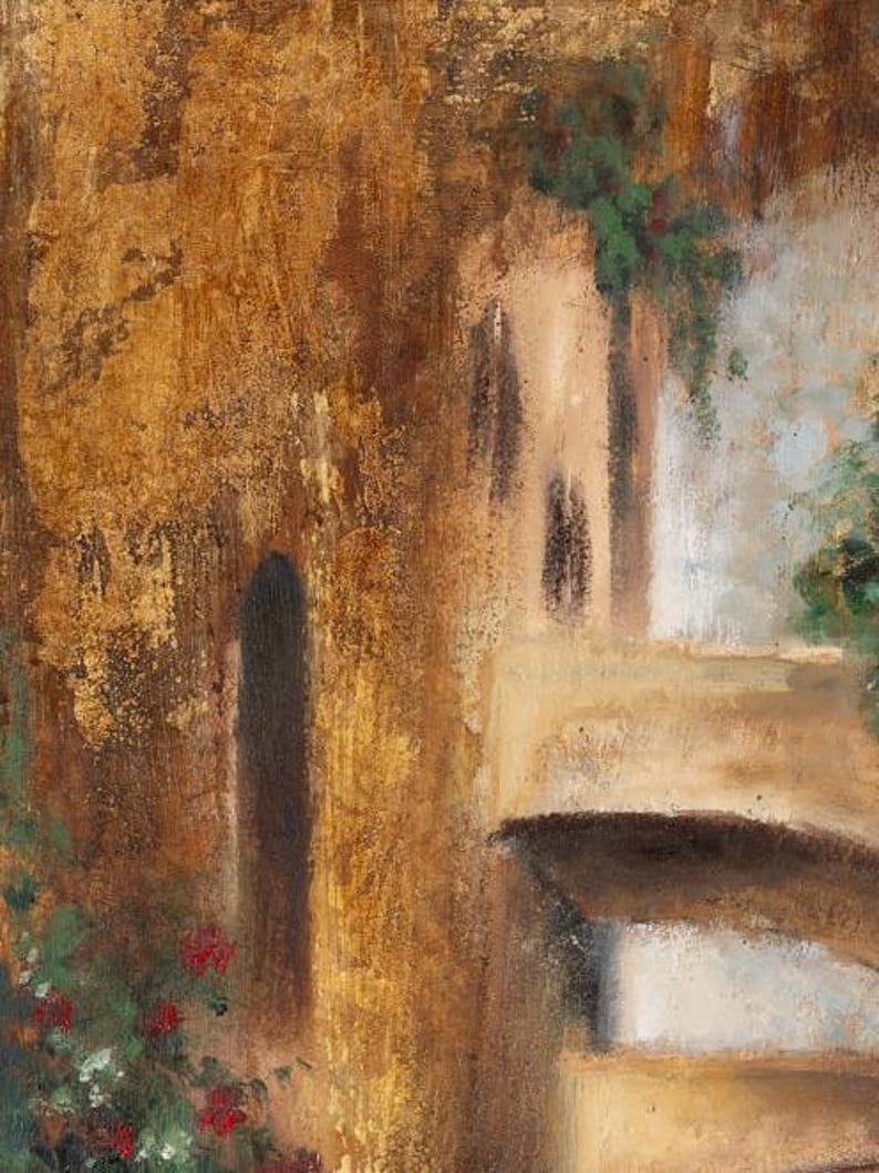 May include: An oil painting on canvas depicting a textured architectural scene with warm golden-brown tones. The composition features a tall arched doorway, stone walls with visible brushstrokes, and clusters of green foliage with red flowers.