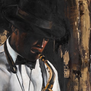 May include: An oil painting depicting a musician wearing a black hat, white shirt, and black bow tie, playing a saxophone. The composition features deep black shadows, highlights of gold leaf, and textured brushstrokes on a dark background.