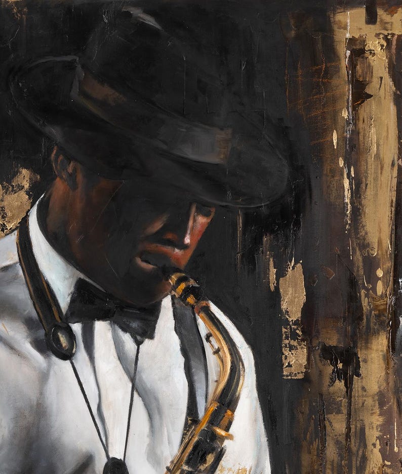 May include: An oil painting depicting a musician wearing a black hat, white shirt, and black bow tie, playing a saxophone. The composition features deep black shadows, highlights of gold leaf, and textured brushstrokes on a dark background.