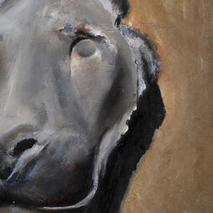 May include: An oil painting on canvas featuring a stylized, abstract portrait of a face in shades of gray, white, and black. The figure is set against a solid, textured ochre-brown background, with thick, visible brushstrokes defining the facial features.