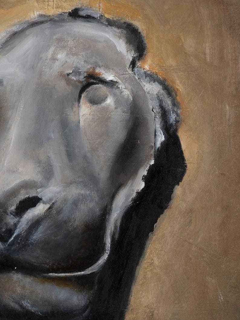 May include: An oil painting on canvas featuring a stylized, abstract portrait of a face in shades of gray, white, and black. The figure is set against a solid, textured ochre-brown background, with thick, visible brushstrokes defining the facial features.