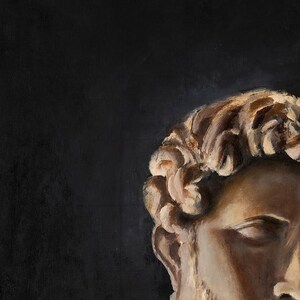 May include: A partial oil painting on canvas depicting the right side of a classical stone bust. The sculpture features curly hair, a defined brow, and a short beard, rendered in warm beige and brown tones against a solid, dark black background.