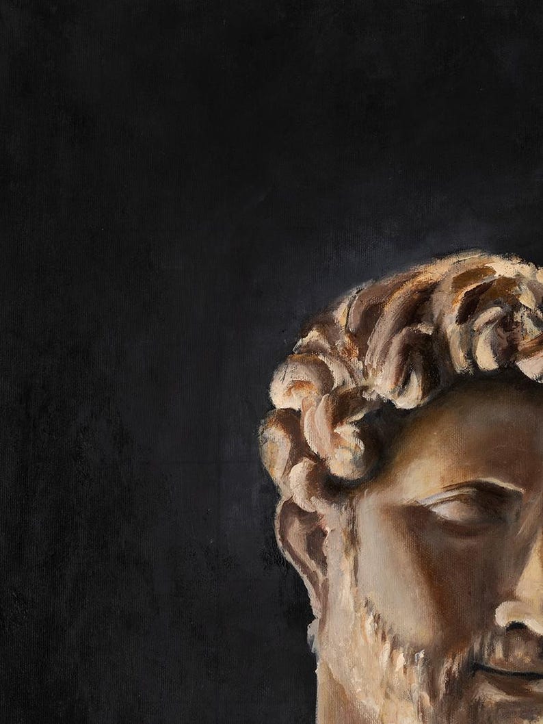 May include: A partial oil painting on canvas depicting the right side of a classical stone bust. The sculpture features curly hair, a defined brow, and a short beard, rendered in warm beige and brown tones against a solid, dark black background.