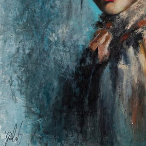 May include: An oil painting on canvas featuring a partial portrait of a person with bright red lips. The background is a textured teal blue. The person wears a dark, textured garment with brown and black tones. A black signature is in the bottom left.