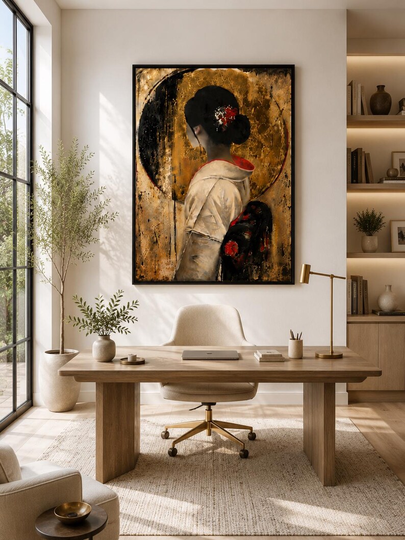 Puede incluir: Una impresi&oacute;n de arte mural enmarcada que muestra el retrato de una persona vista desde atr&aacute;s, con un kimono blanco y negro con detalles florales rojos. El fondo consiste en un gran c&iacute;rculo negro sobre un fondo dorado texturizado y desgastado.