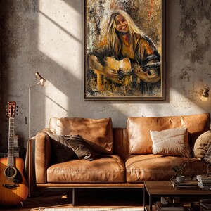 Pode incluir: Uma impress&atilde;o de arte emoldurada com uma pintura a &oacute;leo de uma pessoa de cabelos compridos tocando viol&atilde;o. A obra utiliza tons quentes de marrom, dourado e preto com pinceladas vis&iacute;veis, exibida em uma moldura escura na parede.