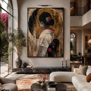 May include: A large rectangular wall painting depicting a person seen from behind, wearing a white kimono with a black floral patterned obi. The figure is positioned against a circular gold and black textured background with a dark frame.