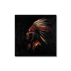 May include: A square oil painting on a black background depicting the profile of an Indigenous person wearing a vibrant, multi-colored feathered headdress with red, yellow, and teal accents. The artwork features visible brushstrokes and texture.