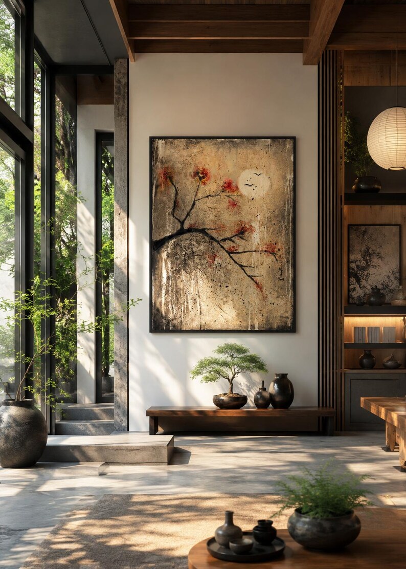 May include: A rectangular wall art piece featuring a textured, neutral-toned background with a dark, sprawling branch adorned with small red blossoms and a pale circular moon shape, all enclosed within a thin, dark, minimalist frame.