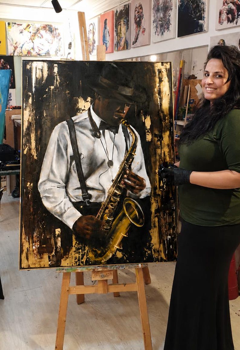 May include: A large rectangular oil painting on canvas depicting a musician wearing a fedora, white shirt, and suspenders while playing a gold saxophone. The artwork features a high-contrast color palette of deep black, white, and metallic gold accents.