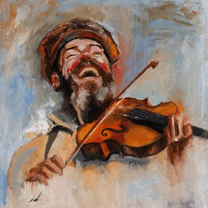 Op de afbeelding: Een olieverfschilderij van een persoon met een baard en een hoed die een houten viool bespeelt. De figuur heeft een vreugdevolle uitdrukking met open mond. Het kunstwerk bevat zichtbare penseelstreken in tinten bruin, oranje, blauw en wit.