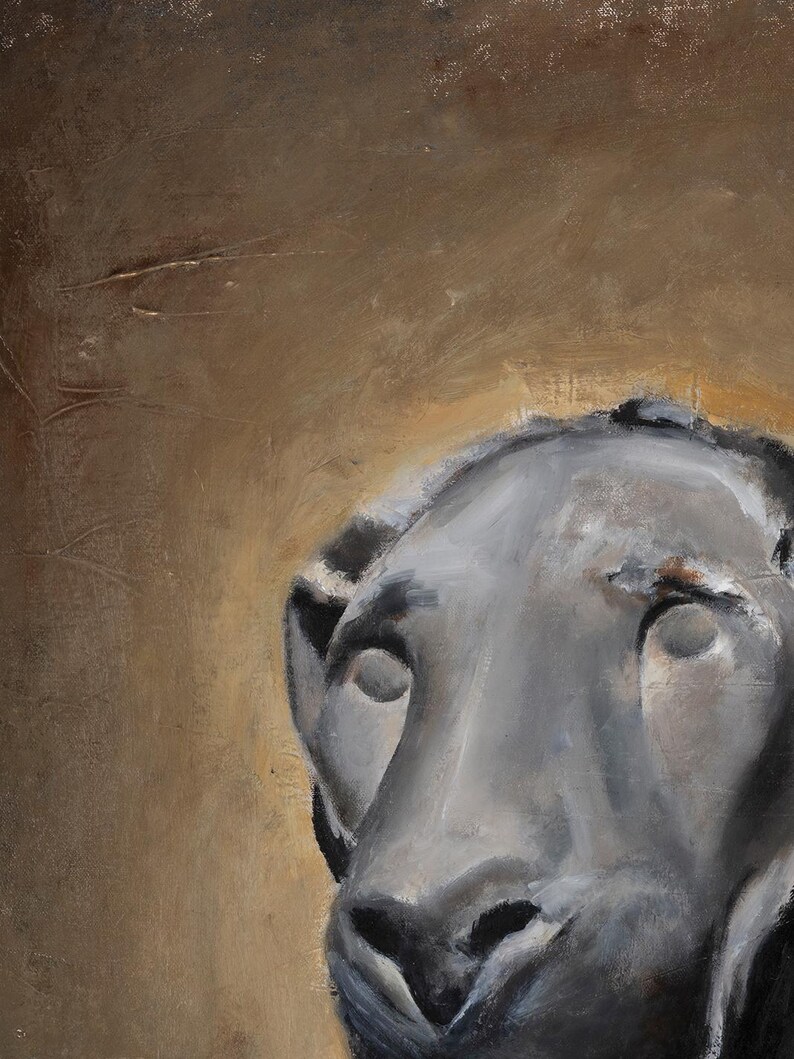 May include: An oil painting on canvas depicting a stylized, grey, animal-like head with hollow, featureless eye sockets. The subject is rendered with thick, visible brushstrokes against a textured, muted brown background with golden highlights.