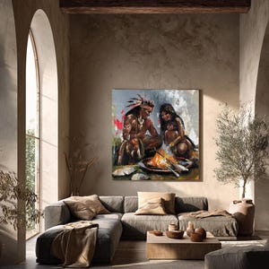 Origineel olieverfschilderij 'Cirkel van Vuur', kunst van een Indiaanse familie, culturele figuratieve muurdecoratie afbeelding 3
