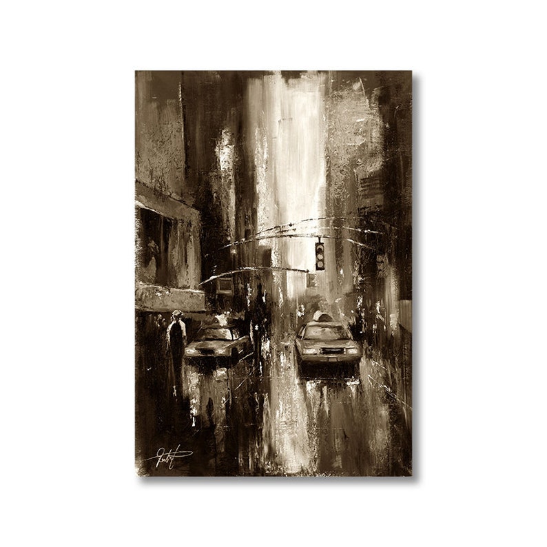May include: A sepia-toned painting depicting a city street scene with two cars and a traffic light. The buildings are tall and narrow, and the street is lined with people. The painting is executed in a loose, impressionistic style.