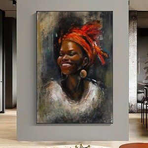 Op de afbeelding: Een schilderij van een vrouw met een feloranje hoofddoek, die lachend met haar hoofd opzij gekanteld staat. Het schilderij is gemaakt in een schilderachtige stijl met zichtbare penseelstreken.