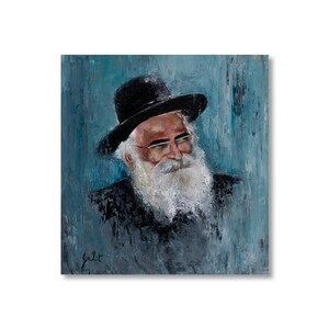 May include: A painting of a man with a white beard and glasses wearing a black hat. The background is a blue and green abstract design.