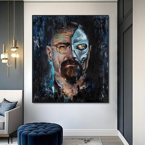 May include: A rectangular wall art print featuring a portrait of a man with a beard and glasses. The left side of the face is realistic, while the right side is depicted as a metallic, robotic cyborg structure with a glowing yellow eye.