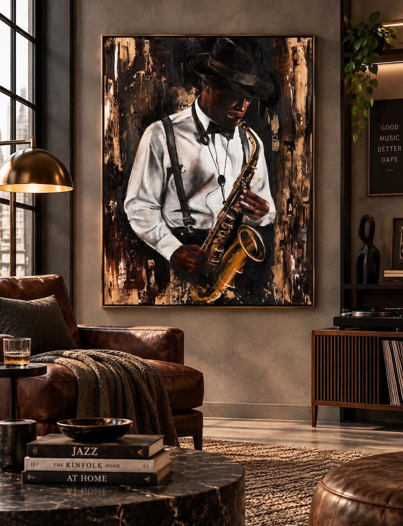 Op de afbeelding: Een ingelijst olieverfschilderij van een muzikant in een wit overhemd, zwarte bretels en een hoed die een gouden saxofoon bespeelt. De achtergrond is een donkere, getextureerde abstracte compositie met goud- en zwarttinten.