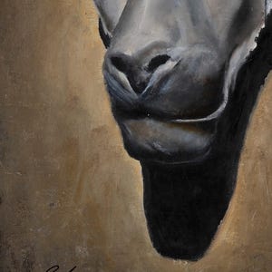 May include: An oil painting on canvas depicting the head of a black panther in profile against a textured, muted gold background. The artwork features deep shadows and highlights on the feline face, with a stylized black signature in the bottom corner.