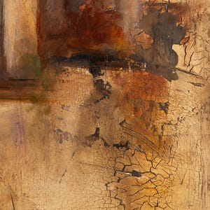 May include: An abstract painting featuring a heavily textured surface with a prominent crackle finish. The colour palette consists of deep earthy browns, burnt oranges, and metallic gold tones, creating a layered appearance with dark patches.