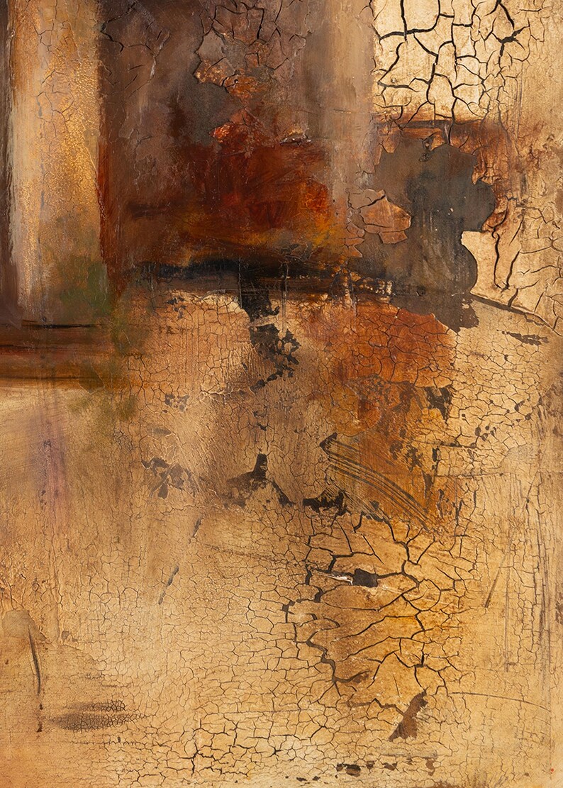 May include: An abstract painting featuring a heavily textured surface with a prominent crackle finish. The colour palette consists of deep earthy browns, burnt oranges, and metallic gold tones, creating a layered appearance with dark patches.